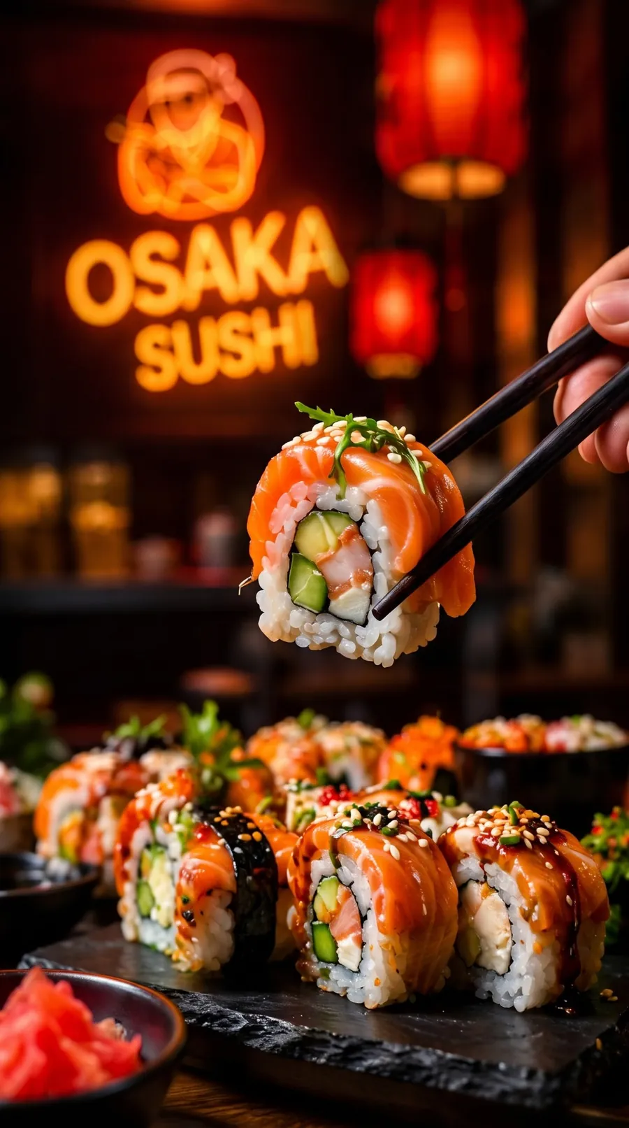 Çubuqla tutulmuş qızılbalıqlı roll, arxada Osaka Sushi neon lövhəsi