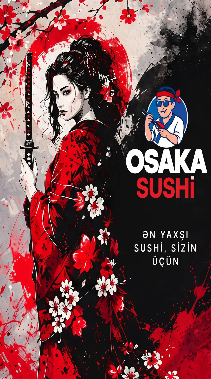Osaka Sushi posteri: qılınclı, kimonolu qız və loqo