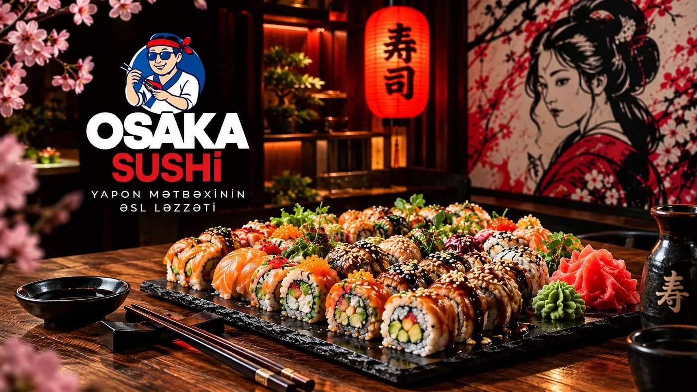 Osaka Sushi loqosu və rollar süfrəsi