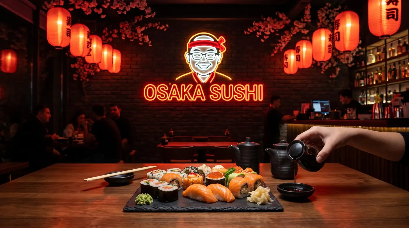 Osaka Sushi neon lövhəsi və qırmızı fənərlər